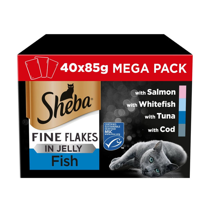 Sheba Fine Flocken Erwachsener 1+ nasse Katzenfutterbeutel gemischt Fischgelee 40 x 85 g
